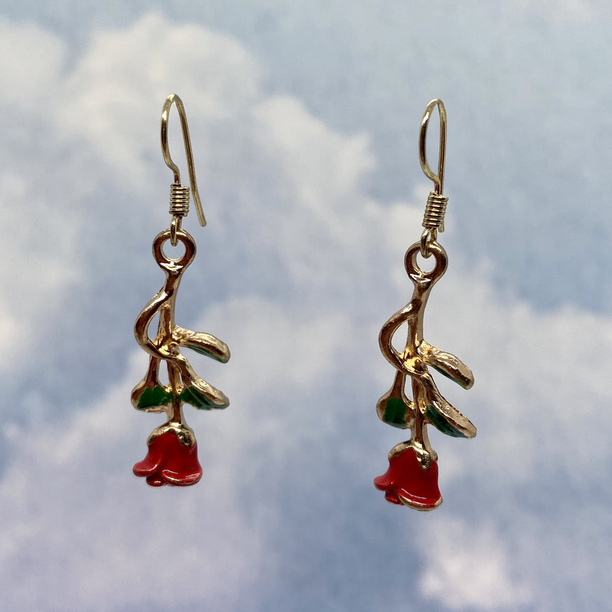 Mini Red Green Gold Rose Earrings