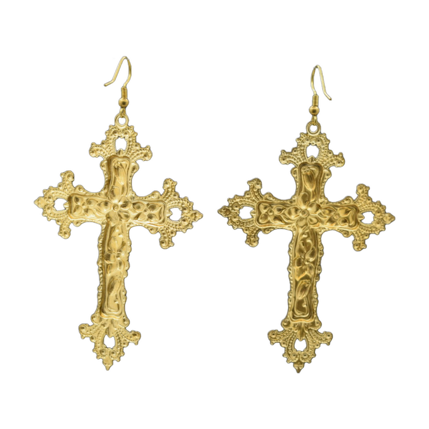 X-Large Antique Baroque Crucifix Brass Cross Earrings