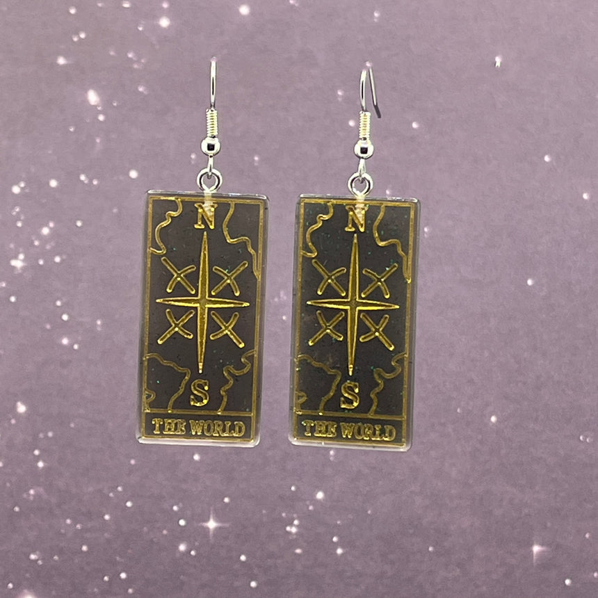 The World Tarot Card Earrings with Black & Green Shimmer