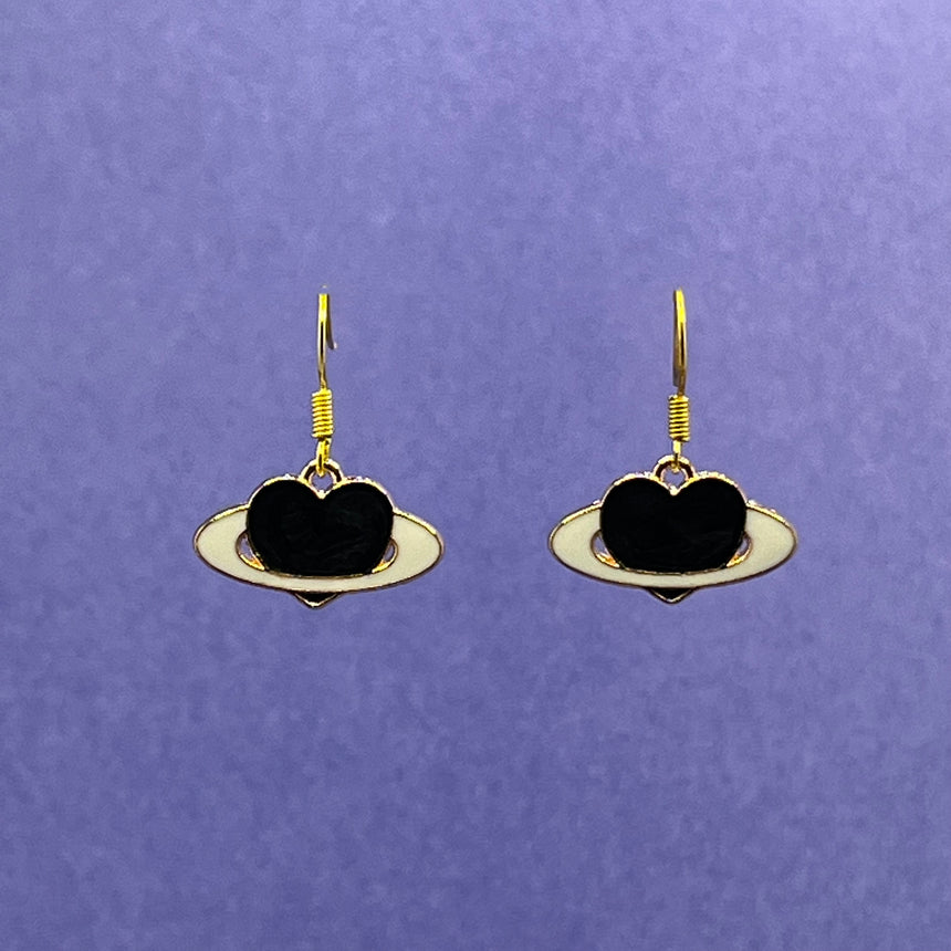 Heart Black Saturn Planet Gold Earrings