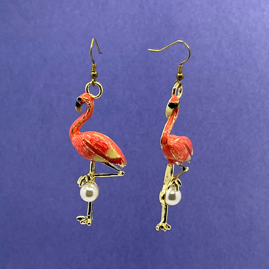 XL Pink Flamingos Gold Earrings