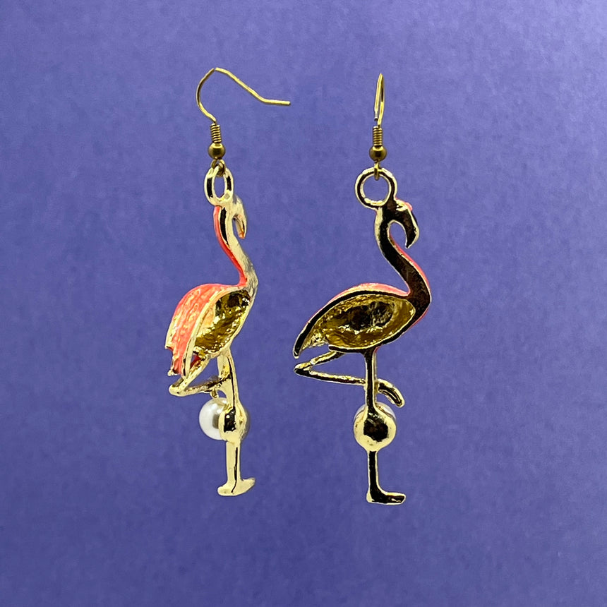 XL Pink Flamingos Gold Earrings