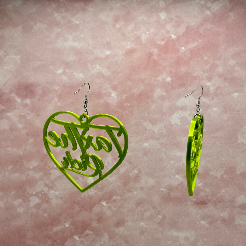 Tax the Rich 3D Printed Neon Green Heart Earrings