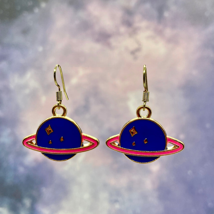 Hot Pink & Blue Planet Saturn Earrings