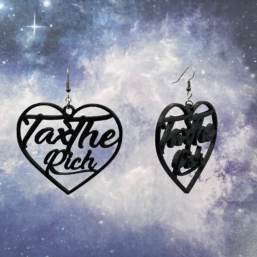 Tax the Rich 3D Printed Sparkly Black Heart Earrings