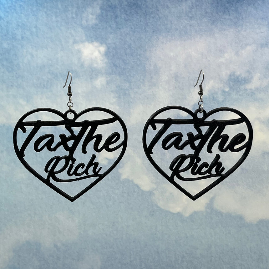 Tax the Rich 3D Printed Sparkly Black Heart Earrings